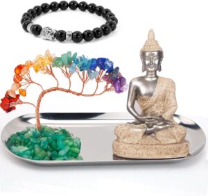 Buddha Statue and Crystal Tree, Yoga Meditation and Zen Decor, Sitting Statue of Sakyamuni in Thailand(4.3 in), for Office, Desktop, Spirit Room Home Decor (Silver)