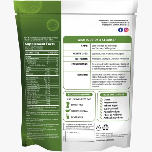 MRM Nutrition Organic Detox and Cleanse Powder | Peach Mango Flavored | Gentle Daily Detox | Superfoods | Antioxidants + Chlorophyll + Phycocyanin + Electrolytes | 15 Servings