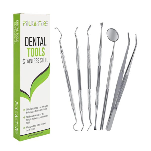Dental Tools, 6 Pack Teeth Cleaning Tools Stainless Steel Dental Scraper, Pick Hygiene Set with Mouth Mirror, Tweezer for Dentist, Personal Using, Pets - Teeth Cleaning Kit - Dental Cleaning Kit