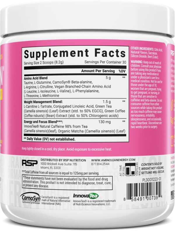 RSP NUTRITION AminoLean Pre Workout Powder, Amino Energy & Weight Management with Vegan BCAA Amino Acids, Natural Caffeine, Preworkout Boost for Men & Women, 30 Serv, Pink Lemonade…