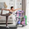 Weight Rack for Home Gym, All in One Yoga Mat Storage Rack, Workout Equipment Storage with Wheels and Hooks for Dumbbells Kettlebells Foam Rollers, Powder Coated Finish Steel