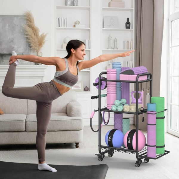Weight Rack for Home Gym, All in One Yoga Mat Storage Rack, Workout Equipment Storage with Wheels and Hooks for Dumbbells Kettlebells Foam Rollers, Powder Coated Finish Steel