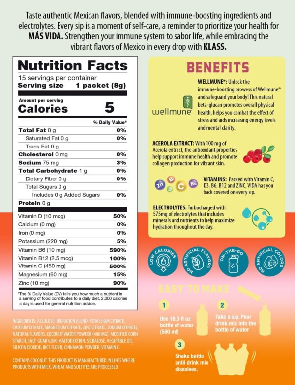 KLASS VIDA Hydration + Immunity Sugar-Free Powder Packets Mango, Horchata Fresa & Cantaloupe Electrolyte Agua Fresca Drink Mix Wellmune & Acerola Extract 15 Single Serve Sticks Low Calorie