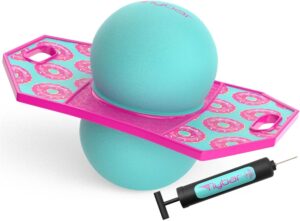 Flybar Pogo Trick Ball for Kids, Trick Bounce Board for Boys and Girls Ages 6+, Up to 160 lbs, Includes Pump, Easy to Carry Handle, Durable Plastic Deck Indoor, Outdoor Toy Pogo Jumper (Donut)