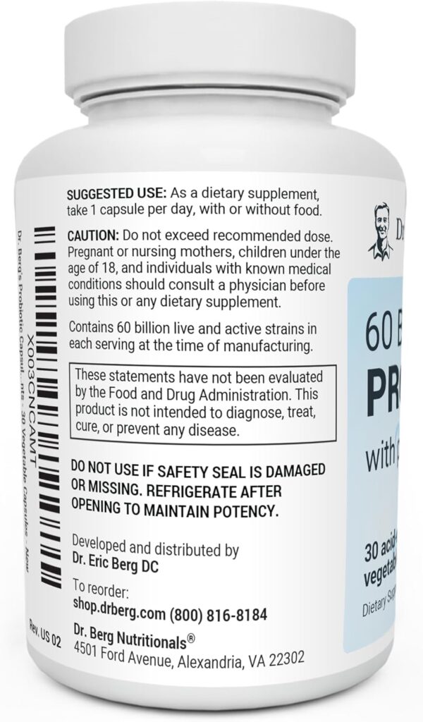 Dr. Berg 60 Billion Probiotic Supplement - Supports Occasional Constipation, Diarrhea, Gas & Bloating* - Pre and Probiotics for Digestive Health - 30 Probiotic Capsules