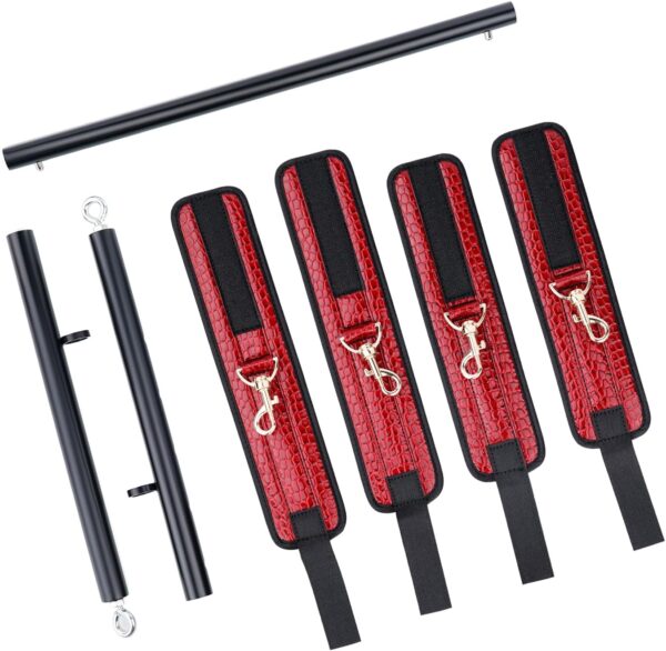 Spreader Bar Heavy Duty Stainless Steel Expandable Black Bar Home Gym with 4pcs Furry Purple Adjustable Strap,Sports Aid Training Fitness Gear Pilates Aid Kit,Yoga Set (Black+Red Crocodile PU Kit)