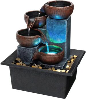 Small Indoor Relaxation Tabletop Fountain and Waterfall, Zen Meditation Waterfall Feature with Color LED Light & Natural River Rocks, Waterfall Decor for Home Office Bedroom Living Room (Style 1)