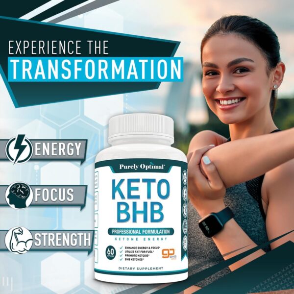 Purely Optimal Keto BHB Exogenous Ketones Supplement - Keto Diet Pills for Ketosis, Energy, Focus, Metabolism - for Women and Men (60 Capsules)