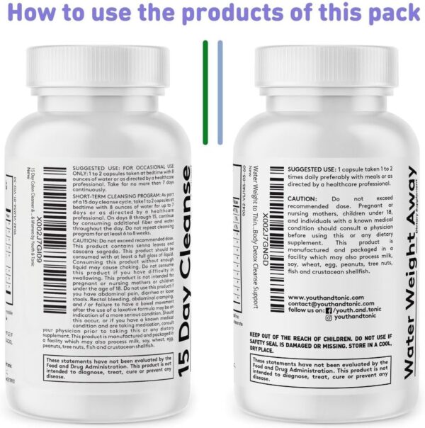 Youth & Tonic Jumpstart Cleanse – Water Weight Away Pills & 15 Day Colon Detox & Gut Cleanser for Bloating, Energy, and Metabolism Support – Aids in Shedding Excess Fluids for a Lighter Body – 90 Caps