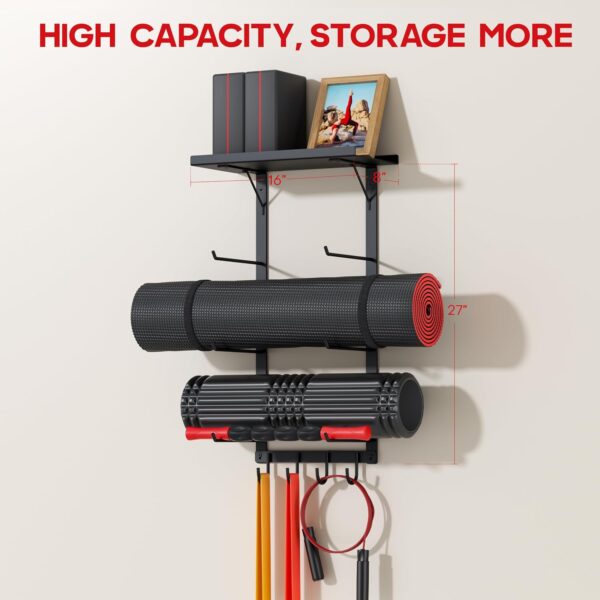 Yoga Mat Holder Wall Mount, Yoga Accessory Mat Storage Rack, Home Gym Accessories Organizer, Floating Shelf and Hooks for Hanging Foam Roller/Band/Workout Equipment at Pilates Fitness Class