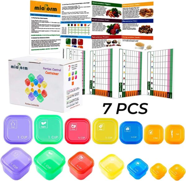 Portion Control Container and Food Plan - 21 Day Portion Control Container Kit for Weight Loss - 21 Day Tally Chart with e-Book (7 Labeled Pcs)