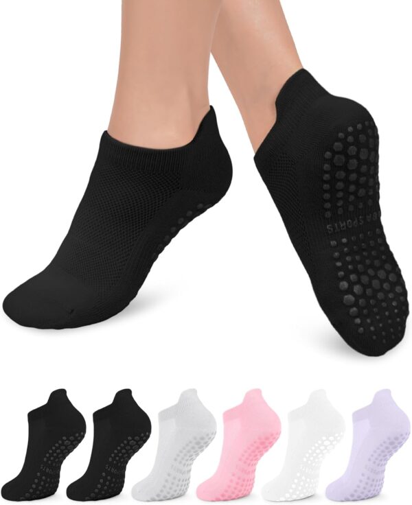 6 Pairs Grip Pilates Socks for Women, Non-slip Yoga Athletic Socks for Barre Ballet Barefoot Workout Hospital