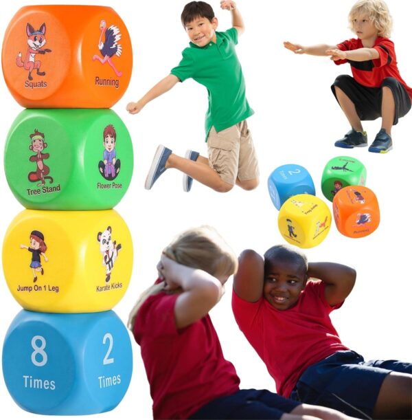 Fun Fitness Dice for Kids - Children's Workout Dice and Yoga Dice Set - Fitness Exercise Dice Game with Kids Yoga Poses - Childrens Foam Exercise Dice, Great Kids Exercise Equipment - Kids Ages 3+