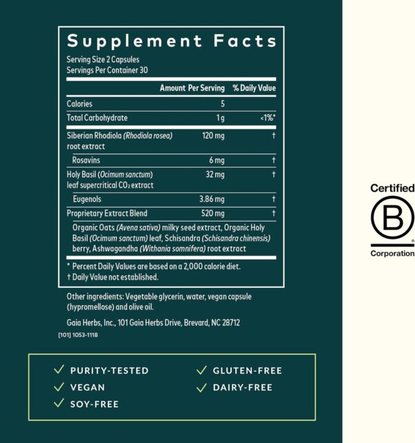 Gaia Herbs Adrenal Health Daily Support - with Ashwagandha, Holy Basil & Schisandra - Herbal Supplement to Help Maintain Healthy Energy and Stress Levels - 60 Liquid Phyto-Capsules (60 Count)