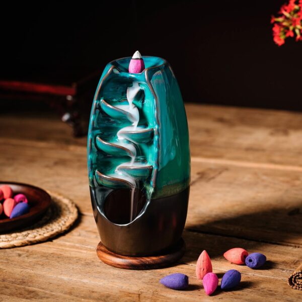 INONE Ceramic Incense Burner with 100 Upgraded Cones, Waterfall Backflow Incense Holder, Aromatherapy Ornament, Zen Decor, Home Decor, Room Decor (Cyan)