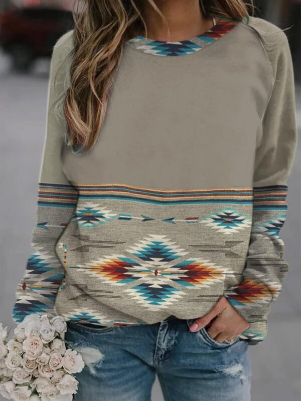 HOTYD Western Sweatshirts for Women Casual Long Sleeve Vintage Aztec Geometric Graphic Shirts Loose Crew Neck Pullover Tops