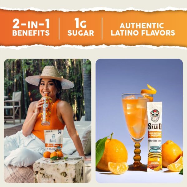 Salud 2-in-1 Hydration Packets + Immunity Electrolytes Powder, Mandarin - Agua Fresca Drink Mix, Elderberry, Dairy & Soy Free, Non-GMO, Gluten Free, Vegan, Low Calorie, 1g Sugar (15 Servings)