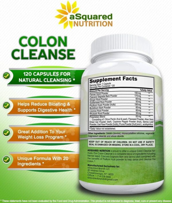 aSquared Nutrition Pure Colon Cleanse for Weight Loss - 120 Capsules, Max Strength, Natural Colon Detox Cleanser, Colon Cleansing Diet Supplement Blend for Digestive Health, Diet Pills for Men & Women