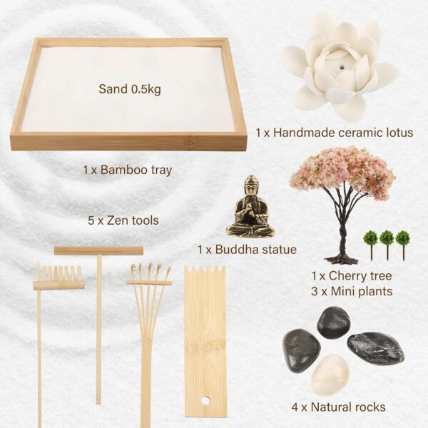 Zen Garden Kit for Office Desk, Japanese Meditation Decor Sand Art with Tray/Buddha Statue/Handmade Ceramic Lotus Incense Holder/Zen Accessories, Spiritual Gift for Women Men Yoga Mind Relaxation