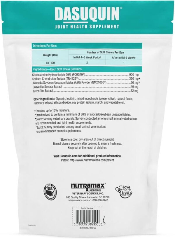 Nutramax Laboratories Dasuquin Joint Health Supplement for Large Dogs - With Glucosamine, Chondroitin, ASU, Boswellia Serrata Extract, and Green Tea Extract, 84 Soft Chews