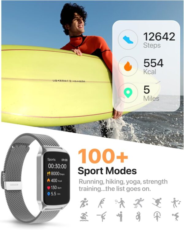 Smart Watch Health Fitness Tracker with 24/7 Heart Rate, Blood Oxygen Sleep Monitor, 110+ Sports Modes, Step Calorie Counter Pedometer (Silver, 1.55)