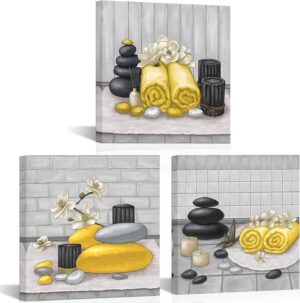 RnnJoile Spa Canvas Wall Art Zen Stone Orchid Picture Painting Yellow Still Life Prints for Bathroom Zen Meditation Room Decor Framed 12"x12" for Each
