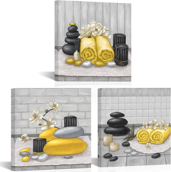 RnnJoile Spa Canvas Wall Art Zen Stone Orchid Picture Painting Yellow Still Life Prints for Bathroom Zen Meditation Room Decor Framed 12"x12" for Each