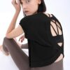 Loovoo Women's Open Back Workout Crop Tops Short Sleeve Yoga Shirts Cute Athletic Running Casual Backless Top Loose Fit