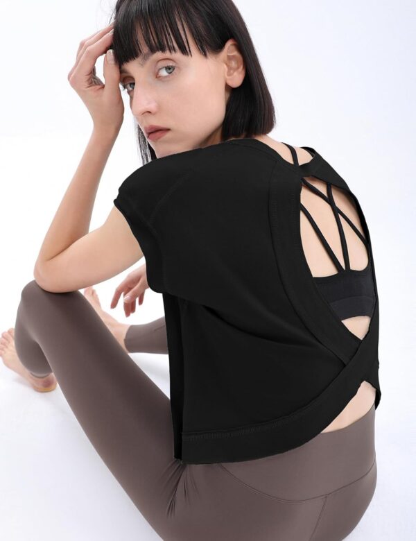 Loovoo Women's Open Back Workout Crop Tops Short Sleeve Yoga Shirts Cute Athletic Running Casual Backless Top Loose Fit