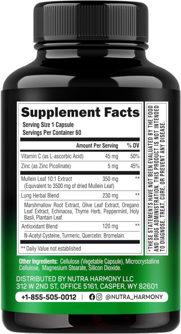 Mullein Leaf Extract for Lung Detox - Echinacea | Oregano | Quercetin | NAC - 15-in-1 Lungs Support Supplement - Lung Cleanse for Smokers - Made in USA - As Drops, Tea, Tincture, 60 Vegan Capsules