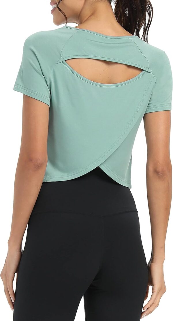 Bestisun Women Short Sleeve Cross Back Workout Crop Tops Backless Yoga Athletic Gym Shirts