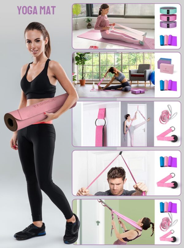 1/3 Yoga Mat Thick, Yoga Set for Beginners Include High Density Yoga Mat with Multi-loops Yoga Strap, Yoga Blocks, Booty Resistance Band Set, Door Anchor, Carring Bag & Strap