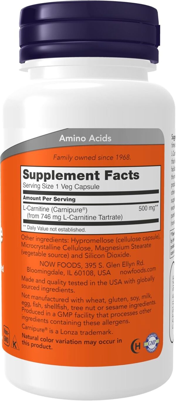 NOW Foods Supplements, L-Carnitine 500mg, Purest Form, Amino Acid, Fitness Support*, 60 Veg Capsules