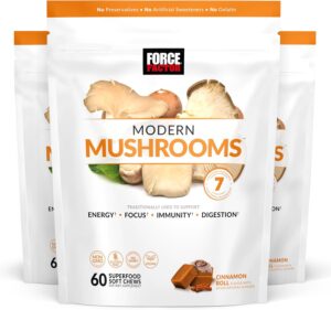 FORCE FACTOR Modern Mushrooms Soft Chews, Mushroom Supplement with Lions Mane, Turkey Tail, & Cordyceps to Support Energy, Immunity, & Digestion, Cinnamon Roll, 180 Soft Chews, 3-Pack