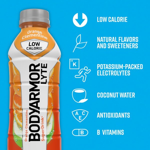 BODYARMOR LYTE Sports Drink Low-Calorie Sports Beverage, Orange Clementine - Orange Citrus, Coconut Water Hydration, Natural Flavors With Vitamins, Potassium-Packed Electrolytes, Perfect For Athletes, 16 Fl Oz (Pack of 12)