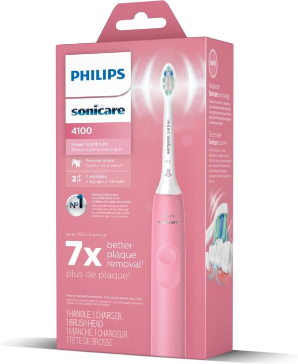 Philips Sonicare 4100 Rechargeable Electric Toothbrush, with Pressure Sensor, 2 Intensity Settings, SmarTimer and QuadPacer, 14-Day Battery Life, Deep Pink, Model HX3681/26