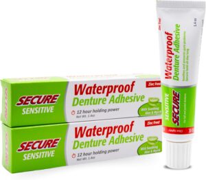 Secure Sensitive Denture Adhesive with Aloe Vera & Myrrh – 12-Hour Max Hold – Patented Waterproof Seal – for All Denture Types – Food Grade Ingredients – FSA HSA Approved – 1.4 oz