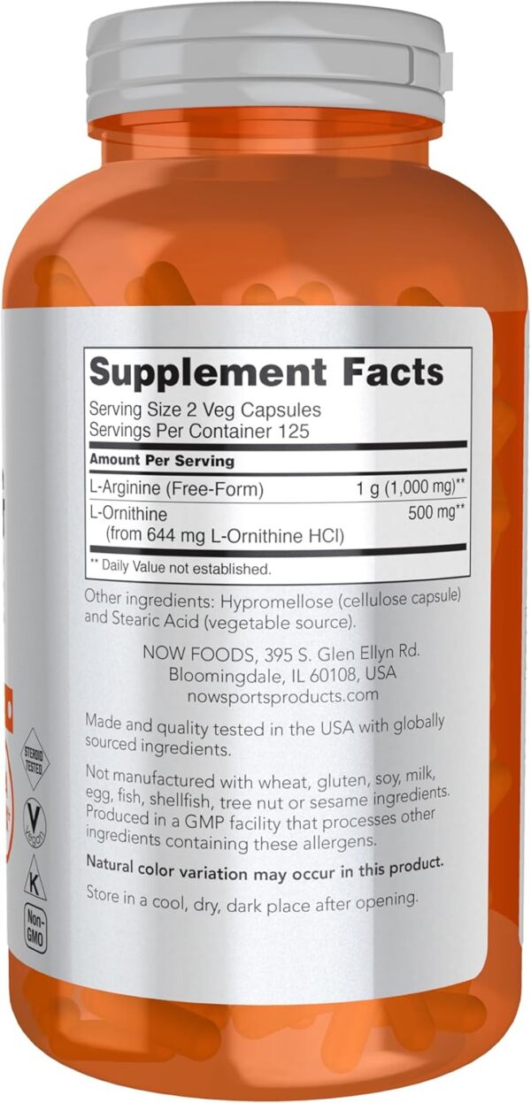 NOW Foods Sports Nutrition, Arginine & Ornithine 500/250 mg, Amino Acids, 250 Veg Capsules