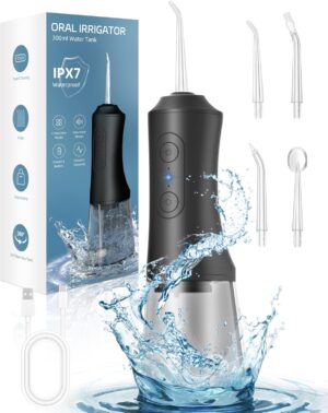 Water Flosser, Water Dental Flosser Pick for Teeth, 300ML IPX7 Waterproof Oral Irrigator, 3 Modes 4 Replaceable Jet Tips, Professional Flossing Cleaning Picks for Home Travel Gums, Braces Care (Black)