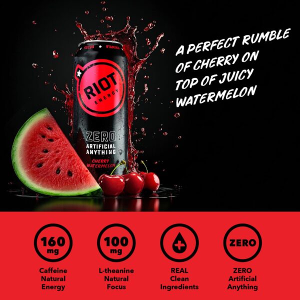 RIOT Clean Energy Drink, Cherry Watermelon, Organic, No Sugar Added, Made with Real Fruit, 100mg L-Theanine, 16 fl oz