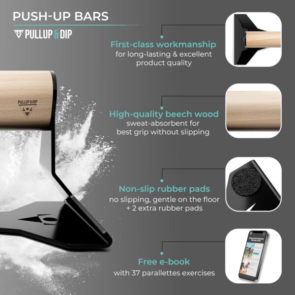 PULLUP & DIP Parallettes - Push Up Handles with Ergonomic Wooden Handles & Heavy-Duty Steel - Non-slip Parallettes Bars for Strength Training and Calisthenics - Press Up Handles for Push Ups