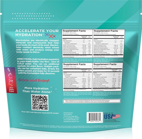HydroMATE Electrolytes Powder No Sugar Variety Pack - 30 Instant Hydration Packets with Vitamin C to Boost Energy - Sugar Free Electrolytes to Support Hydration on Keto Diet & Party Favors