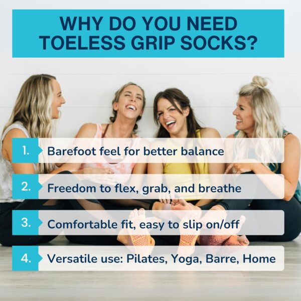 Tucketts Toeless Pilates Socks with Grips for Women, Non-Slip Barre Yoga Socks with Grips for Barefoot Workouts, Sizes 5-13