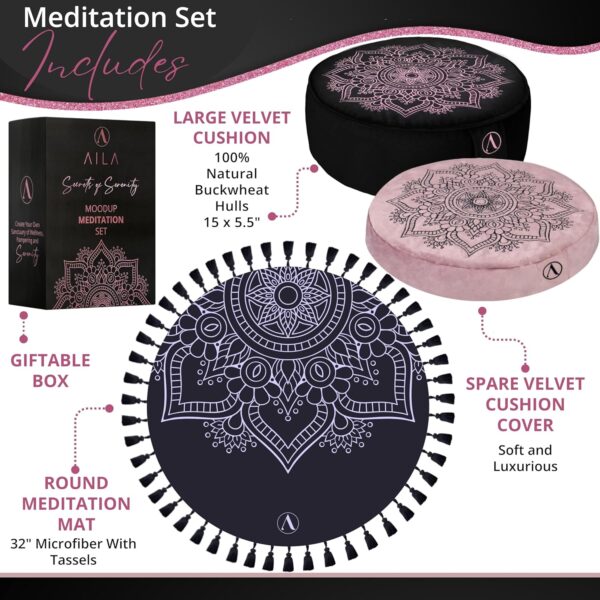 Aila Meditation Pillow Set with Small Meditation Mat & Extra Cushion Cover – Luxurious Meditation Floor Pillow Zen Spiritual Decor Zafu Round Yoga Meditation Cushion – Gift for Meditation Lovers