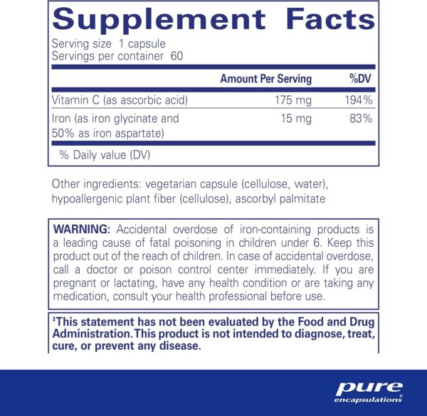 Pure Encapsulations Iron-C - 15 mg - 175 mg Vitamin C - Red Blood Cell Support* - Energy Production - Highly Bioavailable Iron Pill - Gluten Free & Vegan - 60 Capsules
