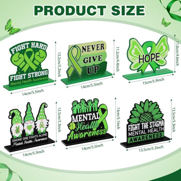 Amyhill 6 Pcs Mental Health Awareness Month Green Standing Block Sign Wooden Standing Table Centerpieces Motivational Green Ribbon Table Signs Decorations for Office Charity Party Supplies