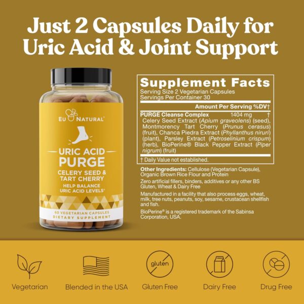 Purge! Uric Acid Flush – Eat & Drink What You Want – Detox and Cleanse with Celery Seed Extract, Tart Cherry & Chanca Piedra for Effective Joint Support & Active Mobility – 120 Soft Vegan Capsules