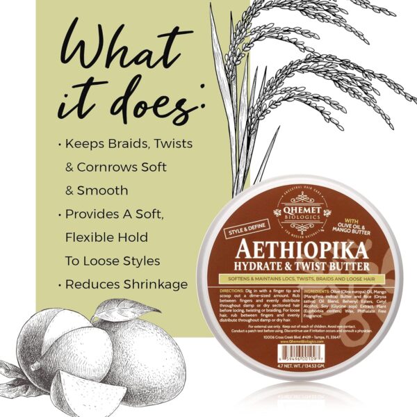 Qhemet Biologics Aethiopika Hydrate & Twist Butter - Frizz-Free Styling Butter Adds Flexible Definition to High & Low Porosity Hair - Smooth Edges, Soften & Flatten Locs, Twists & Braids (4.7 oz)