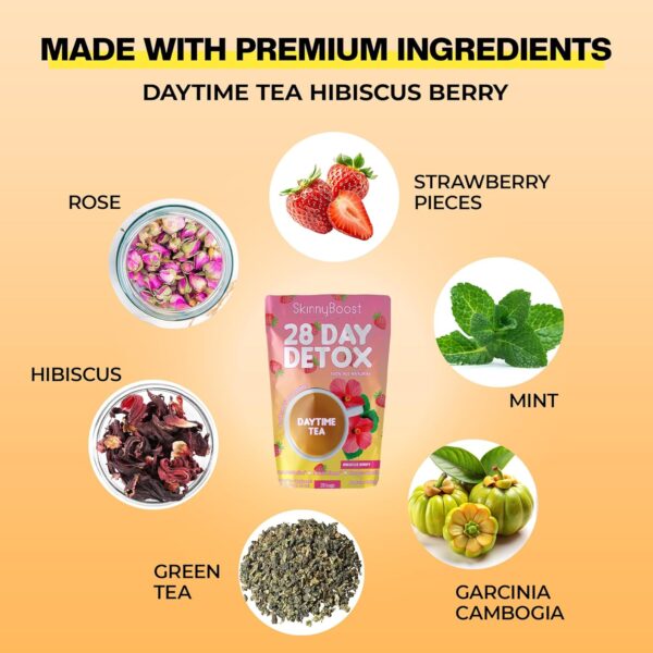 81seRR4c5L._SL1500_.jpg SkinnyBoost 28 Day Detox Daytime Tea -HIBISCUS BERRY (28 Tea Bags) Supports Metabolism Boost, Detox, All Natural, Non GMO, Vegan, Keto Friendly