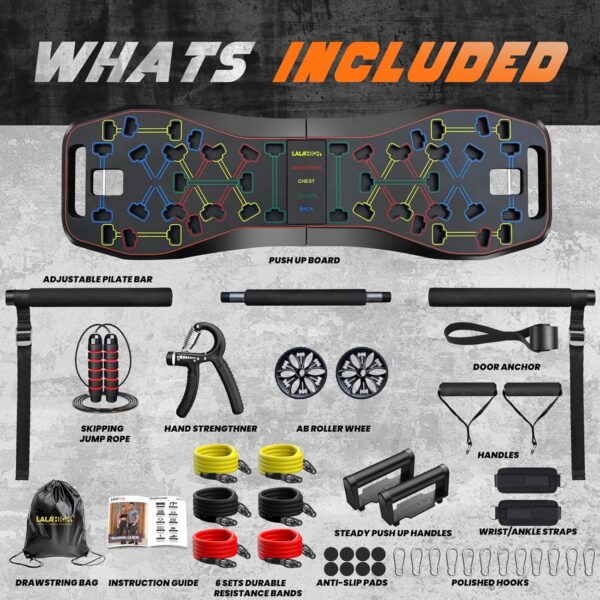 81sqxOhgiL._AC_SL1500_.jpg LALAHIGH Portable Home Gym System: Large Compact Push Up Board, Pilates Bar & 20 Fitness Accessories with Resistance Bands Ab Roller Wheel - Full Body Workout for Men and Women, Gift for Boyfriend